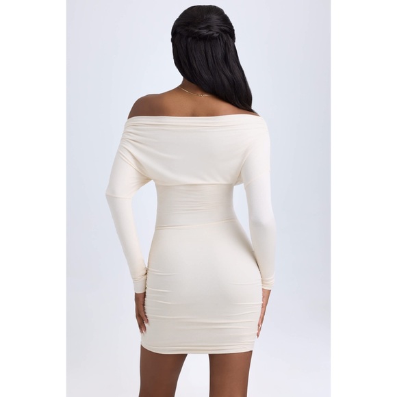 New Oh Polly The Elsa Modal Off-Shoulder Ruched Mini Dress in Ivory Small - Picture 2 of 11